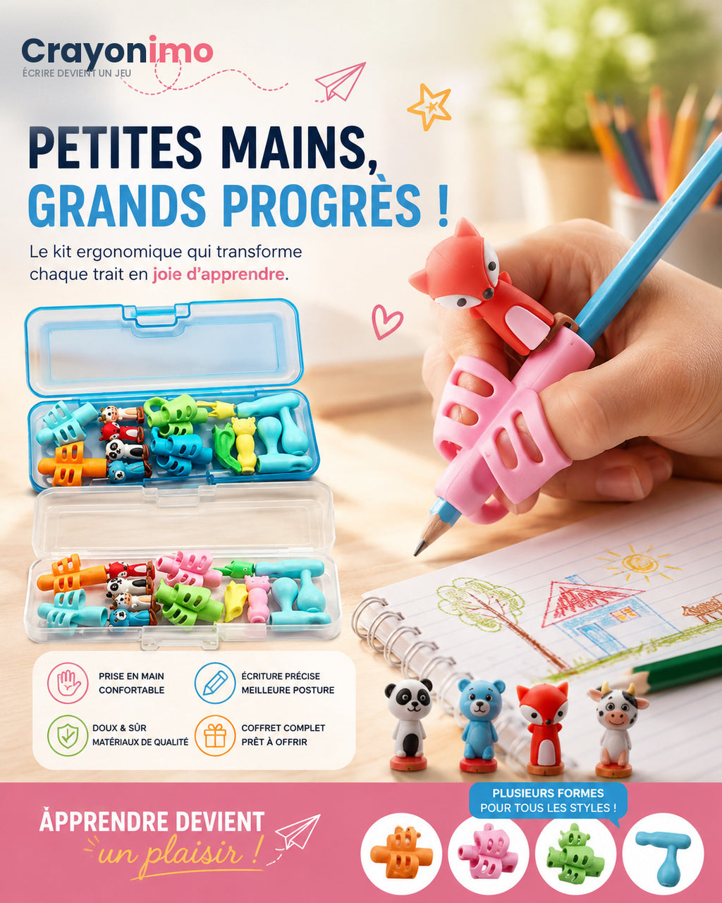 Kit Crayonimo ouvert avec grips animaux et main d'enfant tenant un crayon