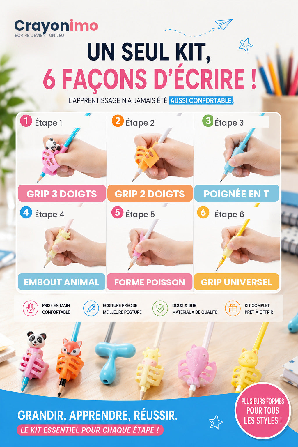 Les 6 étapes du kit d'écriture Crayonimo
