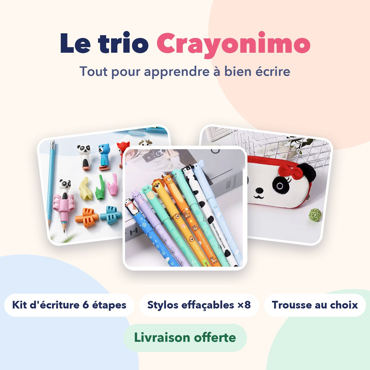 Le trio Crayonimo : kit d'écriture, stylos effaçables et trousse au choix