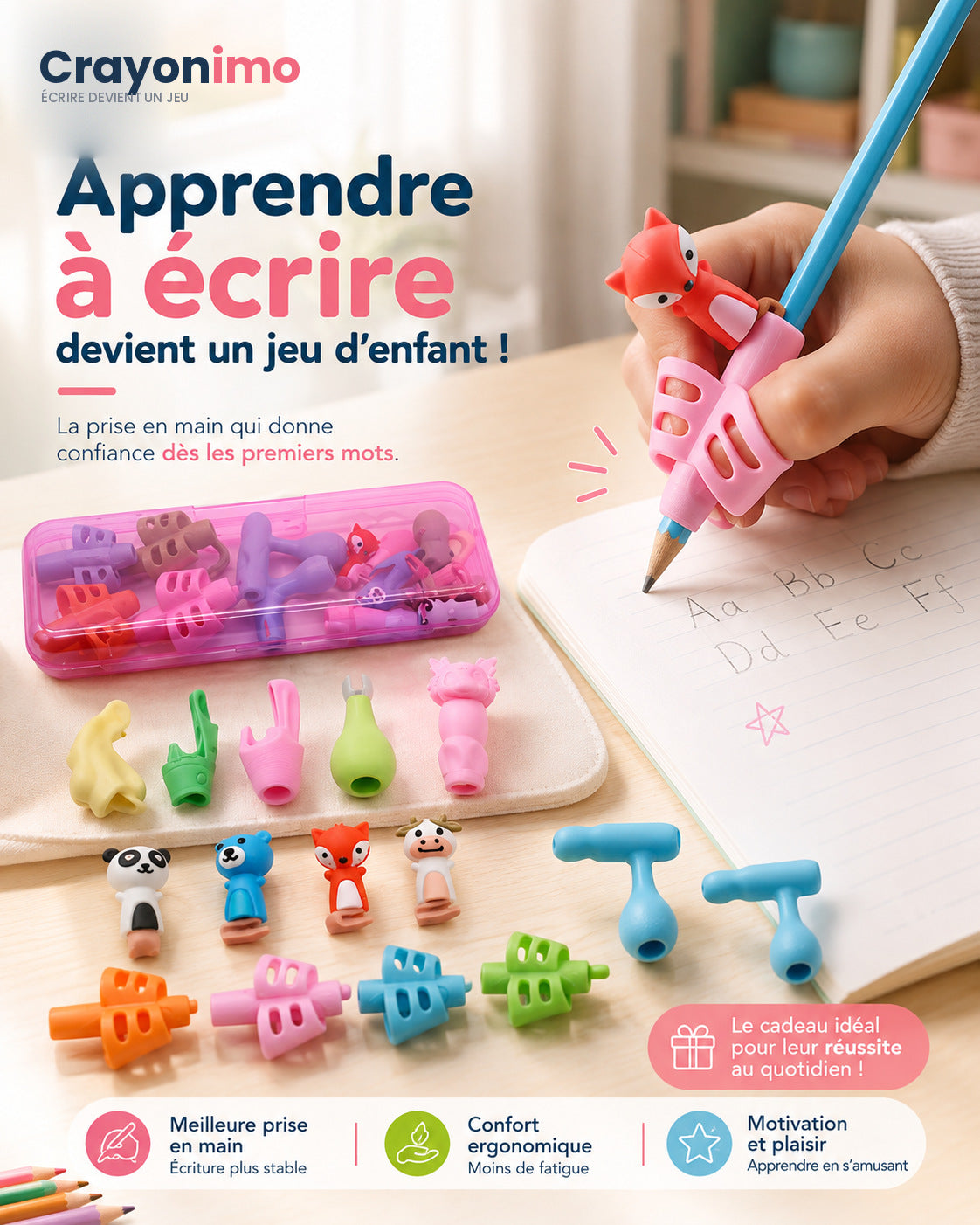 Enfant utilisant un grip correcteur Crayonimo pour écrire ses premières lettres