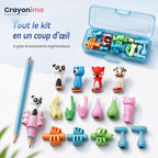 Contenu du kit d'écriture Crayonimo : 16 grips et boîte de rangement