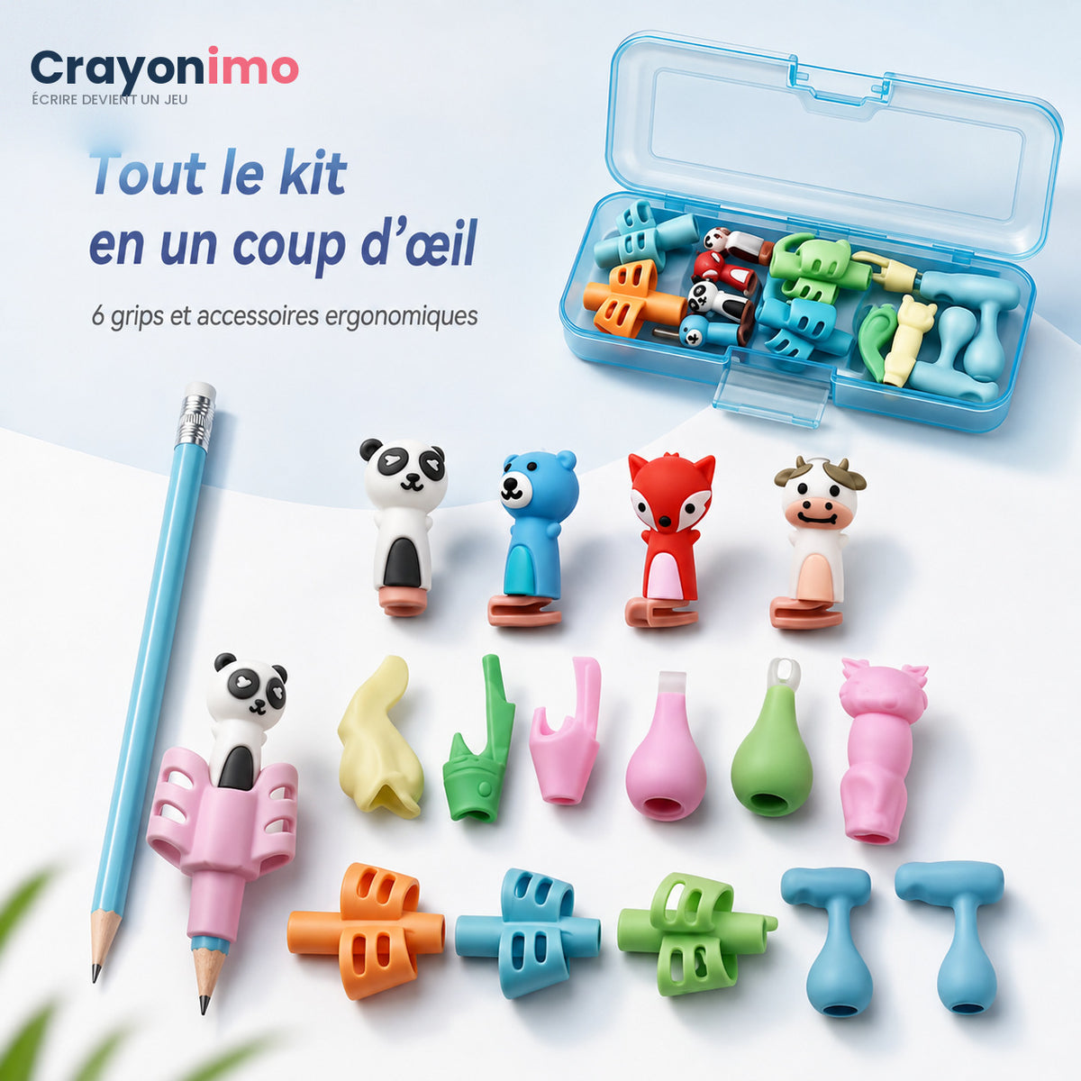 Contenu du kit d'écriture Crayonimo : 16 grips et boîte de rangement