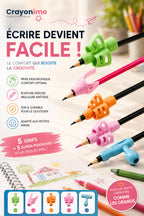 Cinq formes de grips Crayonimo installées sur des crayons